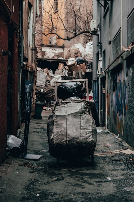 A narrow urban alleyway cluttered with large black and white garbage bags, some torn open revealing mixed waste, positioned on a paved surface with visible dirt and debris. Behind the bags, there are stacked cardboard boxes and loose rubbish piled against the back wall of the alley, which is a rough brick structure with leafless tree branches extending overhead. To the right, a grey building with metal window grilles and a small vent is partially visible, while to the left, a rusted metal door or panel is seen. The scene is illuminated by natural daylight, casting soft shadows and highlighting the clutter typical of a private rubbish collection area, often handled by waste management services such as Rubbish Removal Ruislip, which facilitate independent clearance of waste in urban environments.